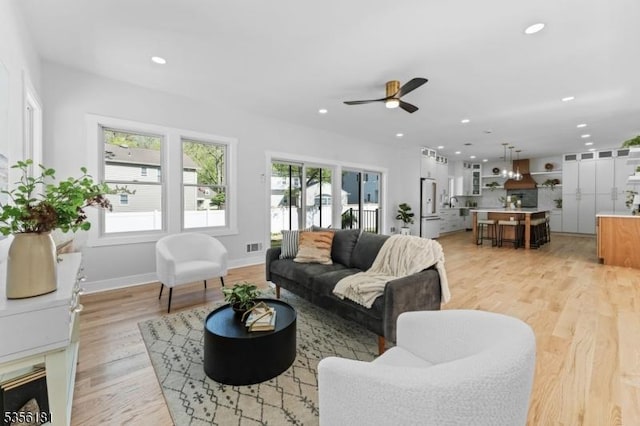 2227 Pine Ter, Scotch Plains Twp, NJ 07076 - living room featuring ceiling fan, light wood-style flooring, recessed lighting, and baseboards