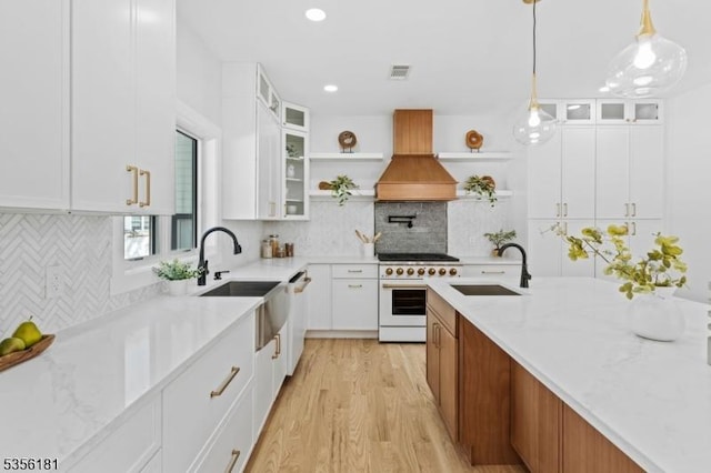 2227 Pine Ter, Scotch Plains Twp, NJ 07076 - kitchen with gas range, a sink, open shelves, premium range hood, and light wood-type flooring