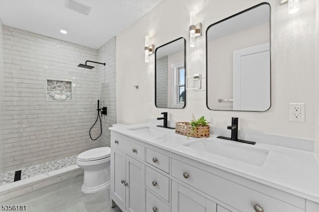 2227 Pine Ter, Scotch Plains Twp, NJ 07076 - full bath featuring toilet, a tile shower, double vanity, and tile patterned floors