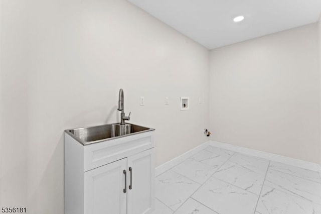 2227 Pine Ter, Scotch Plains Twp, NJ 07076 - laundry area with baseboards, light marble finish flooring, hookup for a washing machine, recessed lighting, and cabinet space