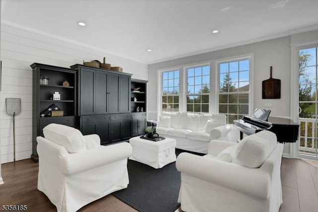 2 Lee Dr, Morris Twp, NJ 07960 - living room with crown molding, dark wood finished floors, and recessed lighting