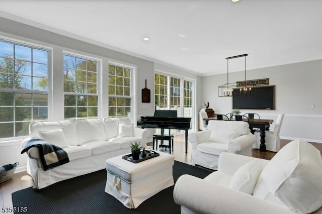2 Lee Dr, Morris Twp, NJ 07960 - living area featuring crown molding, wood finished floors, baseboards, a chandelier, and recessed lighting