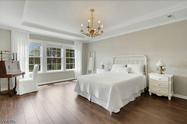 2 Lee Dr, Morris Twp, NJ 07960 - bedroom with a raised ceiling, a chandelier, dark wood-type flooring, and ornamental molding