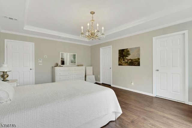 2 Lee Dr, Morris Twp, NJ 07960 - bedroom with a tray ceiling, a chandelier, dark wood finished floors, ornamental molding, and baseboards