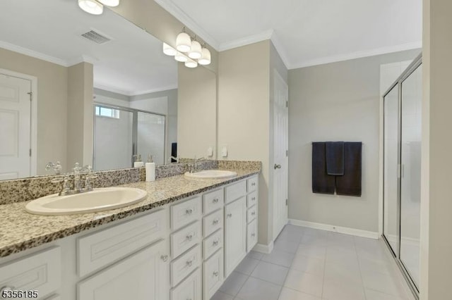 2 Lee Dr, Morris Twp, NJ 07960 - full bath featuring double vanity, a stall shower, baseboards, and ornamental molding