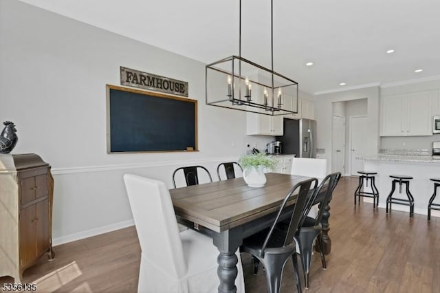 2 Lee Dr, Morris Twp, NJ 07960 - dining room featuring a chandelier, wood finished floors, recessed lighting, and baseboards