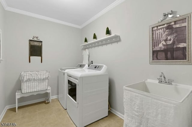2 Lee Dr, Morris Twp, NJ 07960 - washroom featuring washer and dryer, ornamental molding, baseboards, and light tile patterned floors