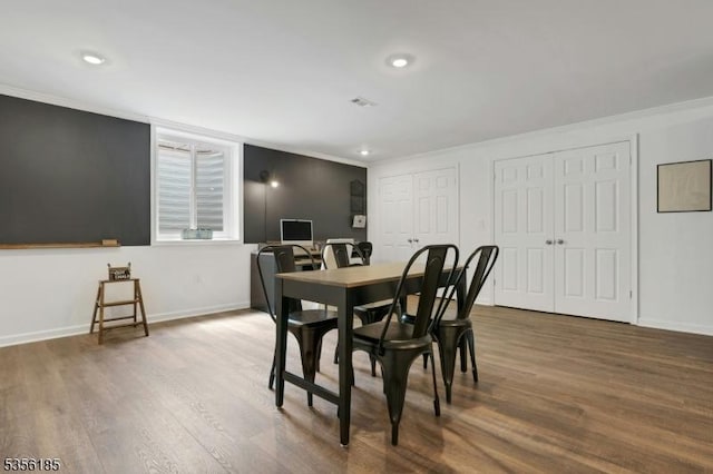 2 Lee Dr, Morris Twp, NJ 07960 - dining space featuring ornamental molding, dark wood-type flooring, baseboards, and recessed lighting