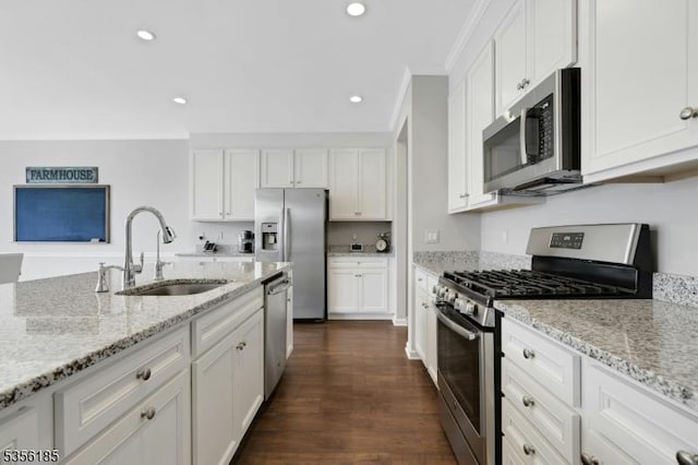 2 Lee Dr, Morris Twp, NJ 07960 - kitchen with appliances with stainless steel finishes, a sink, white cabinets, light stone counters, and recessed lighting