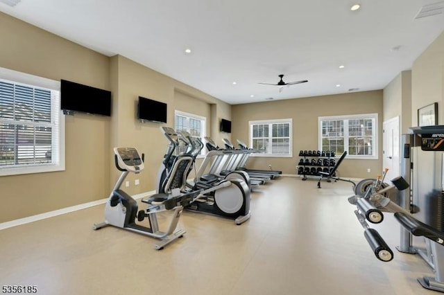 2 Lee Dr, Morris Twp, NJ 07960 - gym with healthy amount of natural light, recessed lighting, a ceiling fan, and baseboards