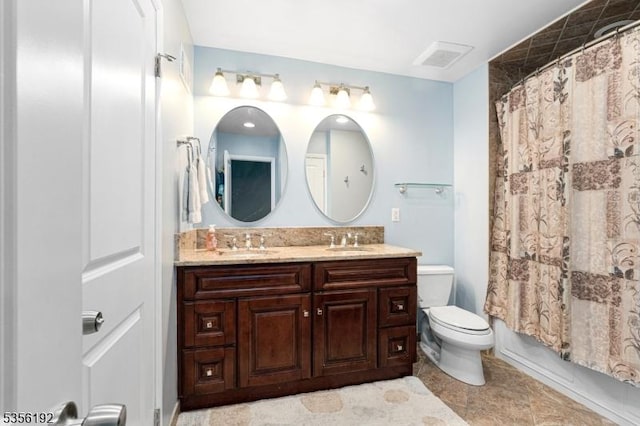130 Chelsea Way, Bridgewater Twp, NJ 08807 - bathroom featuring toilet, double vanity, tile patterned floors, and shower / tub combo