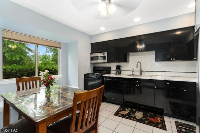 130 Chelsea Way, Bridgewater Twp, NJ 08807 - kitchen with dark cabinetry, black appliances, a sink, tasteful backsplash, and recessed lighting
