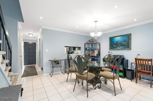 130 Chelsea Way, Bridgewater Twp, NJ 08807 - dining area featuring ornamental molding, stairway, light tile patterned flooring, a chandelier, and baseboards