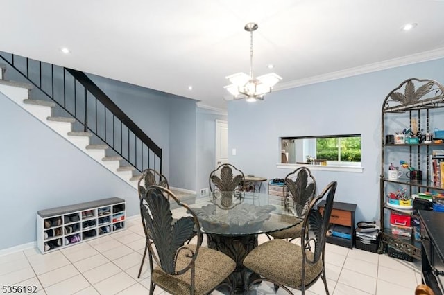 130 Chelsea Way, Bridgewater Twp, NJ 08807 - dining space featuring stairway, tile patterned flooring, a chandelier, crown molding, and baseboards