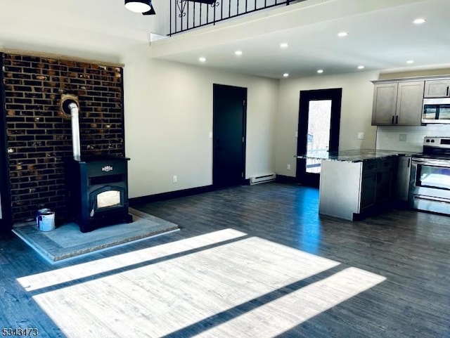 37 Snover Rd, Wantage Twp, NJ 07461 - kitchen featuring stainless steel appliances, a wood stove, dark wood-style floors, baseboards, and recessed lighting