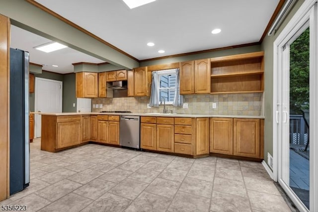 548 Birchwood Rd, Linden City, NJ 07036 - kitchen featuring appliances with stainless steel finishes, tasteful backsplash, a sink, light countertops, and crown molding