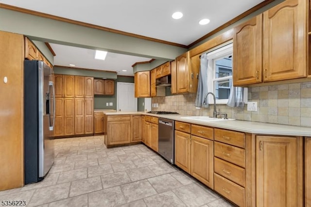 548 Birchwood Rd, Linden City, NJ 07036 - kitchen featuring stainless steel appliances, a sink, decorative backsplash, light countertops, and ornamental molding