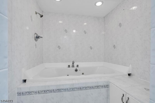 548 Birchwood Rd, Linden City, NJ 07036 - bathroom featuring a relaxing tiled tub, tile walls, a tile shower, and recessed lighting