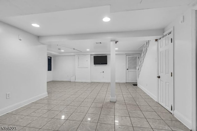 548 Birchwood Rd, Linden City, NJ 07036 - finished basement with recessed lighting, light tile patterned floors, electric panel, and baseboards