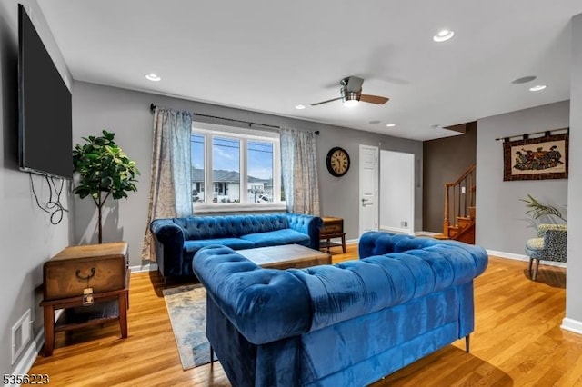 548 Birchwood Rd, Linden City, NJ 07036 - living room with stairway, ceiling fan, light wood-style floors, recessed lighting, and baseboards