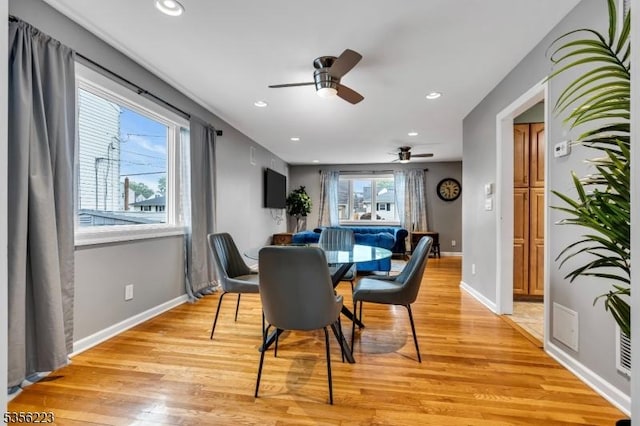 548 Birchwood Rd, Linden City, NJ 07036 - dining room featuring a ceiling fan, light wood-type flooring, recessed lighting, and baseboards