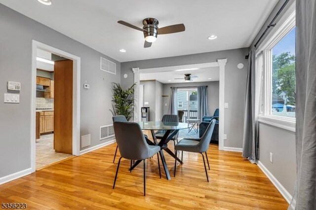 548 Birchwood Rd, Linden City, NJ 07036 - dining space with a ceiling fan, light wood-style flooring, recessed lighting, and baseboards