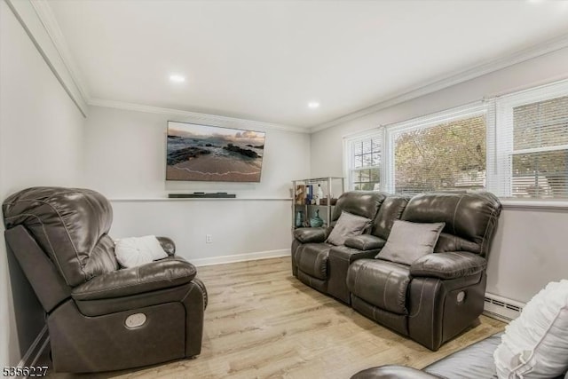 10 Longview Rd, Andover Twp, NJ 07860 - living room featuring wood finished floors, a baseboard heating unit, ornamental molding, baseboards, and recessed lighting