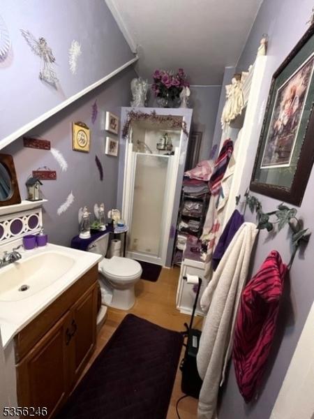 bathroom featuring a stall shower, vanity, toilet, and wood finished floors