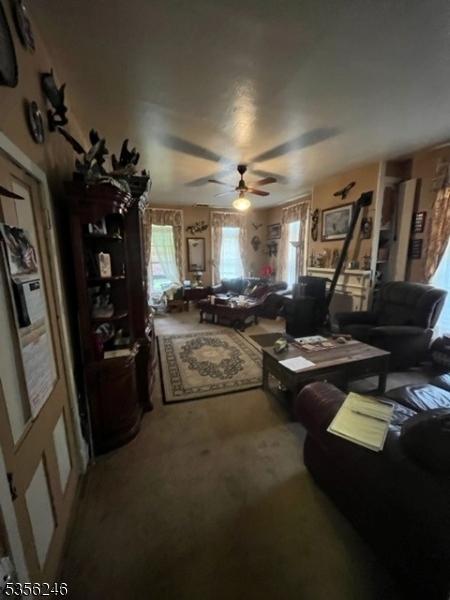 carpeted living room featuring healthy amount of natural light and a ceiling fan