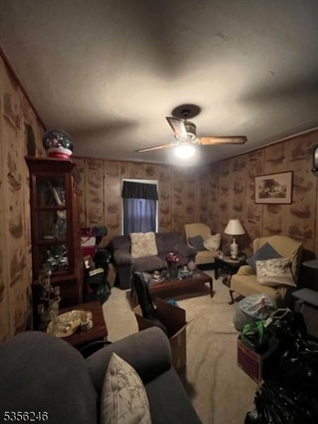 living area with carpet floors and ceiling fan