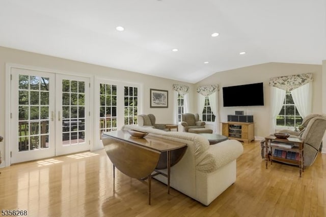 1341 Crim Rd, Bridgewater Twp, NJ 08807 - living area featuring french doors, light wood-type flooring, lofted ceiling, and recessed lighting