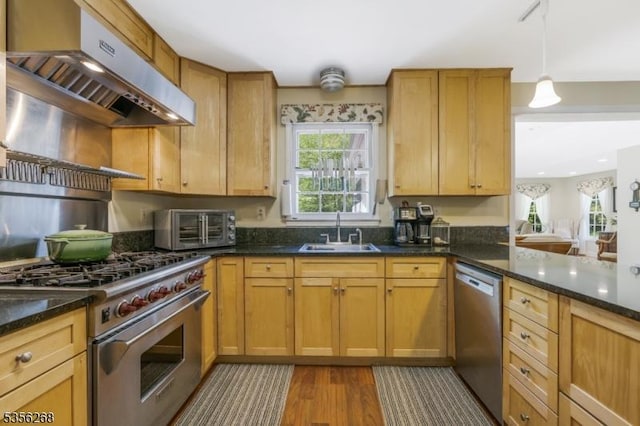 1341 Crim Rd, Bridgewater Twp, NJ 08807 - kitchen featuring stainless steel appliances, a sink, ventilation hood, wood finished floors, and dark stone countertops