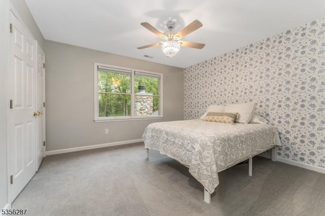 30 Southgate Dr, Clinton Twp, NJ 08801 - bedroom with wallpapered walls, baseboards, carpet flooring, and ceiling fan