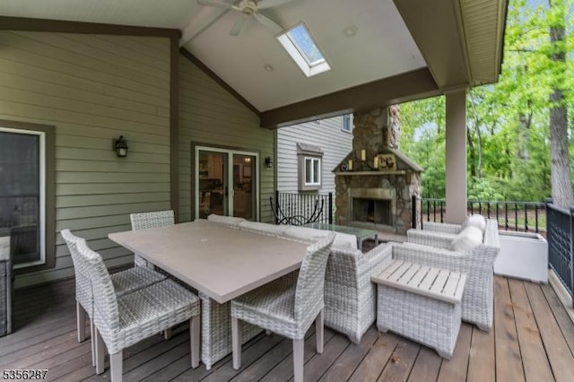 30 Southgate Dr, Clinton Twp, NJ 08801 - wooden terrace featuring an outdoor stone fireplace, outdoor dining area, and ceiling fan