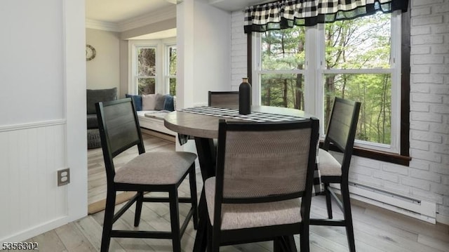 6 Longview Ln, Vernon Twp, NJ 07461 - dining area with baseboard heating, light wood-style floors, a wainscoted wall, and crown molding