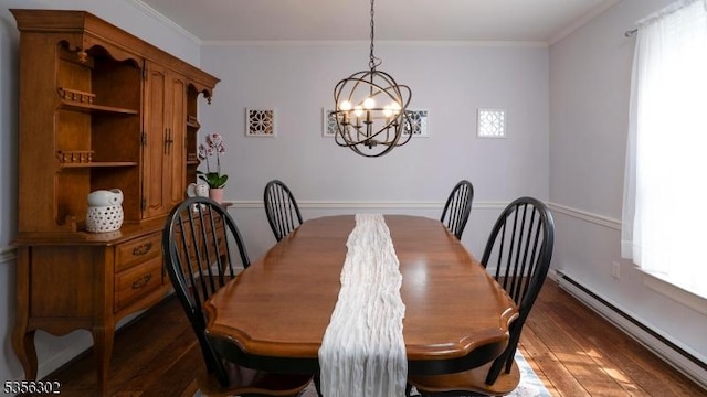 6 Longview Ln, Vernon Twp, NJ 07461 - dining room featuring a baseboard radiator, wood finished floors, a chandelier, ornamental molding, and plenty of natural light