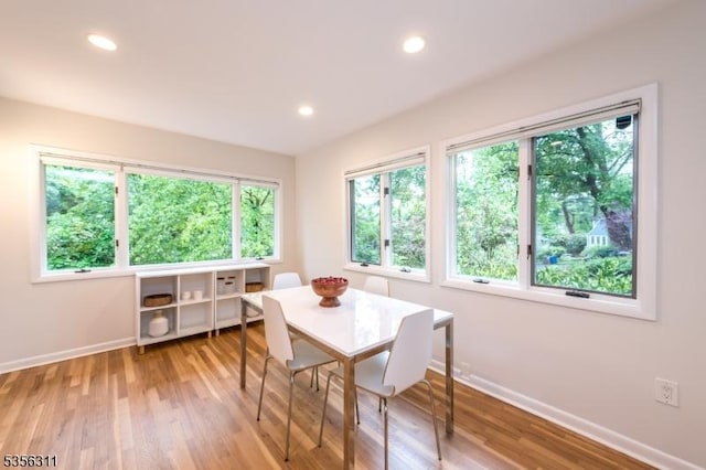 dining space featuring baseboards, healthy amount of natural light, light wood-style floors, and recessed lighting