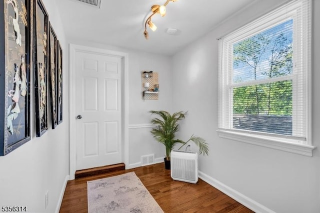 entryway with healthy amount of natural light, wood finished floors, and baseboards
