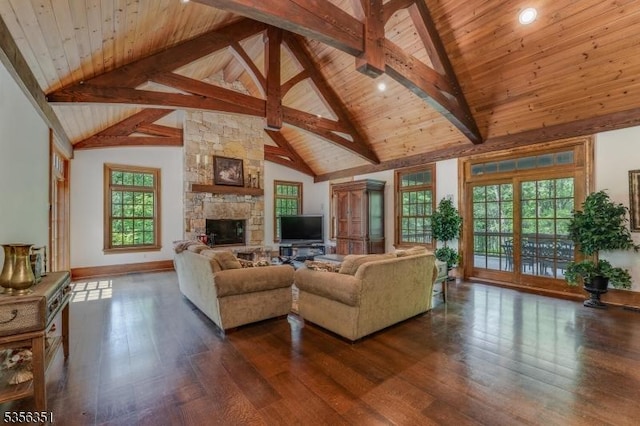 152 Whitebridge Rd, Franklin Twp, NJ 08867 - living area with dark wood-style flooring, wooden ceiling, beam ceiling, a stone fireplace, and high vaulted ceiling