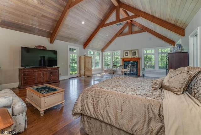 152 Whitebridge Rd, Franklin Twp, NJ 08867 - bedroom with baseboards, beam ceiling, wood finished floors, high vaulted ceiling, and a premium fireplace