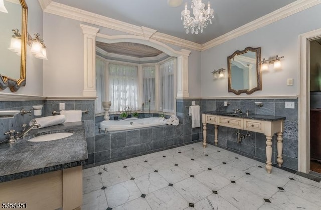 152 Whitebridge Rd, Franklin Twp, NJ 08867 - full bathroom featuring tile walls, crown molding, a bath, a wainscoted wall, and two vanities