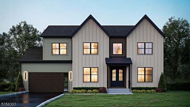 view of front of house featuring board and batten siding, asphalt driveway, a front yard, a shingled roof, and a standing seam roof