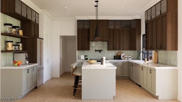 kitchen with dishwashing machine, light countertops, a sink, a kitchen island, and open shelves