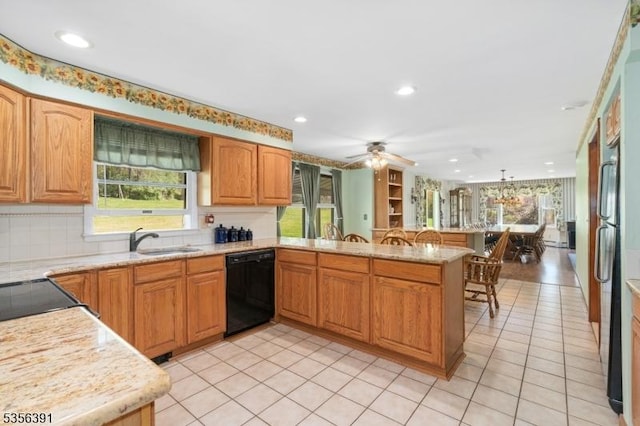 75 Wolfs Corner Rd, Green Twp, NJ 07860 - kitchen featuring dishwasher, a peninsula, a sink, light tile patterned floors, and recessed lighting