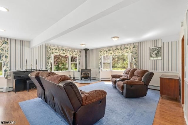 75 Wolfs Corner Rd, Green Twp, NJ 07860 - living room featuring a wood stove, a baseboard heating unit, light wood finished floors, healthy amount of natural light, and wallpapered walls