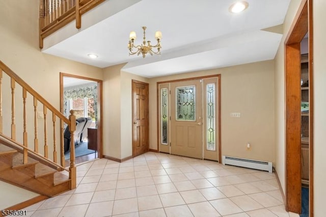 75 Wolfs Corner Rd, Green Twp, NJ 07860 - entryway featuring a baseboard radiator, a chandelier, stairway, baseboards, and recessed lighting