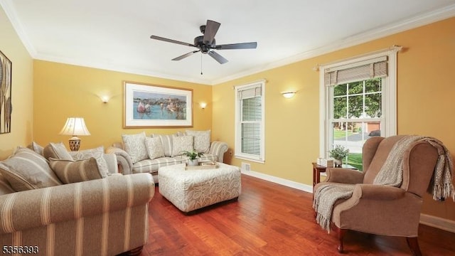 12 Fox Chase Run, Hillsborough Twp, NJ 08844 - living area featuring crown molding, dark wood finished floors, baseboards, and ceiling fan