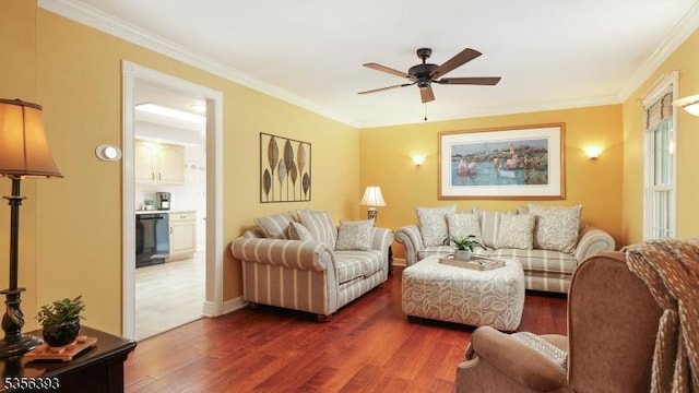 12 Fox Chase Run, Hillsborough Twp, NJ 08844 - living area featuring dark wood-style flooring, a ceiling fan, and ornamental molding
