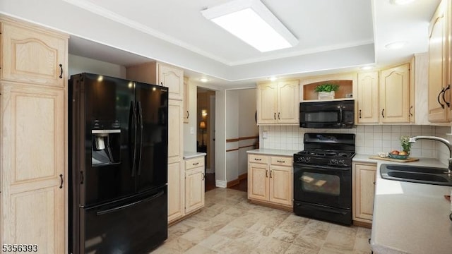 12 Fox Chase Run, Hillsborough Twp, NJ 08844 - kitchen featuring black appliances, light brown cabinetry, a sink, light countertops, and tasteful backsplash
