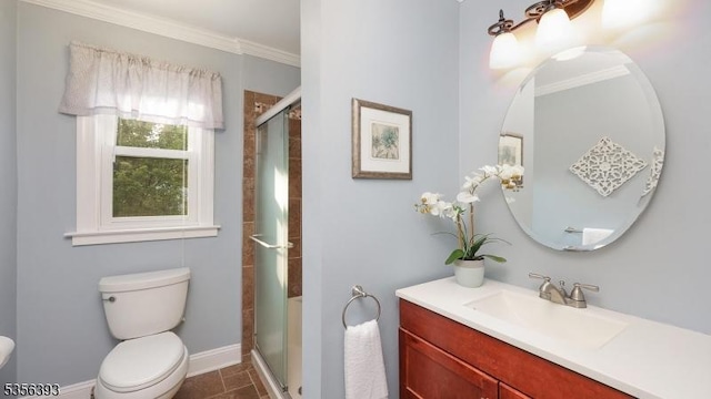 12 Fox Chase Run, Hillsborough Twp, NJ 08844 - full bath featuring toilet, vanity, a stall shower, crown molding, and baseboards